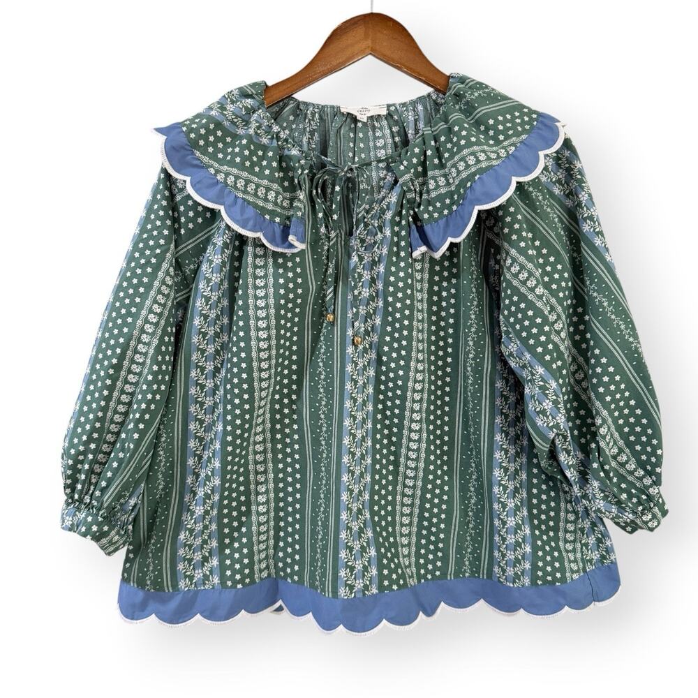 Entro Ruffle Collar Floral Blouse M Cottagecore Prairie Boho Scallop Trim Cotton